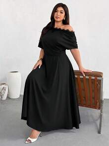 Firerie Short-Sleeved, Off-Shoulder, Lace-Trimmed, Plus-Size Fitted Waist Flared Maxi Dress / Elegant Work Dress - Black - View 4