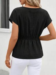 SHEIN Clasi 女款夏季素色側結開衩蝙蝠袖上衣 - 黑色 - 查看 2