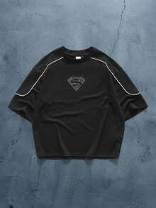 SUPERMAN X SHEIN Men's Geometric Print Crew Neck Short Sleeve Casual Versatile T-Shirt - Black - View 3