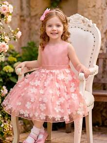 SHEIN Glamorique Kids Girls Princess Dress, Flower Girl, Birthday Party Wedding Holiday Dress, Satin Texture Fabric Sleeveless Pink 3D Flower Tulle Skirt With Back Tie Bow, Prom Dresses, Graduation Dresses, Summer Dress, Gorgeous Evening Gown - Pink - View 1