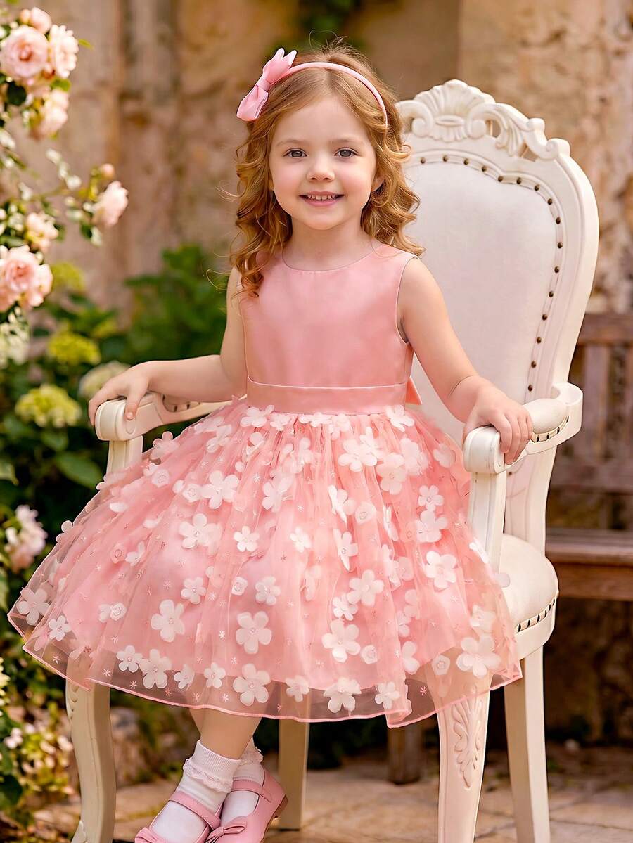SHEIN Glamorique Kids Girls Princess Dress, Flower Girl, Birthday Party Wedding Holiday Dress, Satin Texture Fabric Sleeveless Pink 3D Flower Tulle Skirt With Back Tie Bow, Prom Dresses, Graduation Dresses, Summer Dress, Gorgeous Evening Gown - Pink - View 1