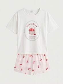 Casual Pullover Set For 10-Year-Old Girls, Apricot Base Color With Cute Puppy Print Pattern, Short Sleeve And Shorts, Home Wear Summer Set - Apricot - View 5