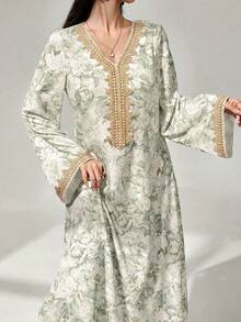 SHEIN Najma 女款花卉印花鉤編拼接長袖洋裝，端莊優雅A字版卡夫坦 & 賈拉比亞長裙，適用於晚宴/婚禮賓客/週年紀念/日常穿著 - 薄荷綠 - 查看 5
