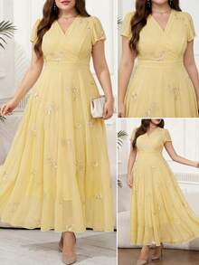 Reflora Gaun Elegan Wanita Ukuran Besar dengan Motif Bunga Besar, Gaun Tamu Pernikahan Musim Panas - Kuning - View 9