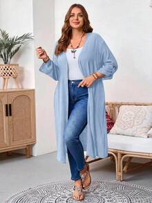 EMERY ROSE Plus Size Solid Color Casual Vacation Jacket Fall - Blue - View 4