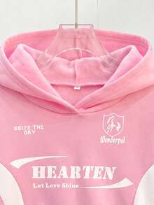 SHEIN 青少年女孩針織拼色字母印花圖案寬鬆休閒運動衫 - 粉色 - 查看 3