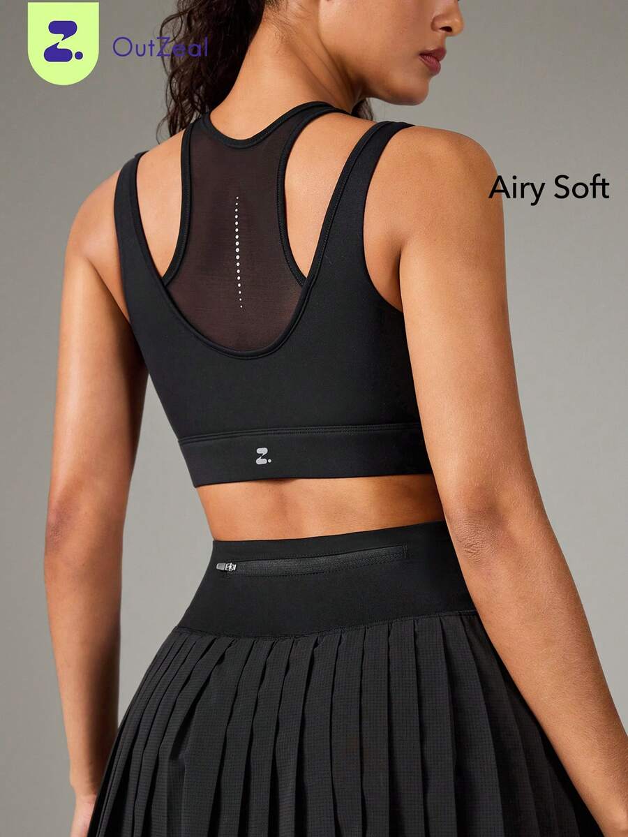 OutZeal Vest Top Women Sports Black Bra Gym Workout UV Protection Bra-In Mesh Panel Active Top - Black - View 1