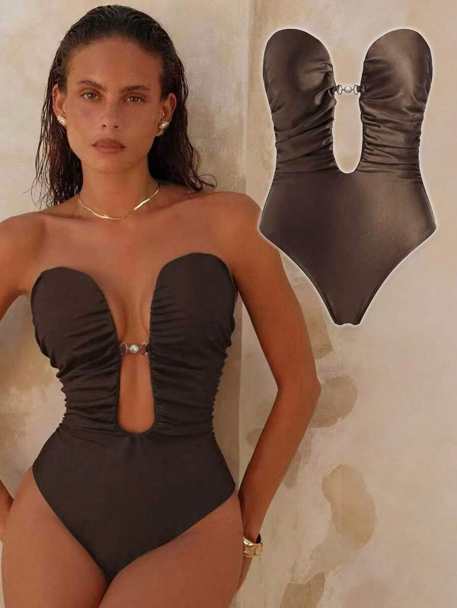 Elavelle Women's Solid Color Deep V Ruched Pearl Decor One-Piece Swimsuit, Spring/Summer - Brown - View 1