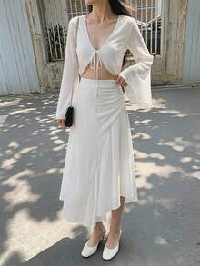 SHEIN MOD Áo thun tay chuông cổ chữ V buộc phía trước đa năng - trắng - Xem 2