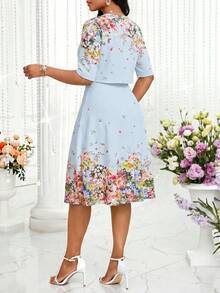 SHEIN Lady 女款花卉印花短袖開襟外套與洋裝優雅套裝 - 藍色 - 查看 2