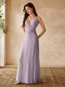 MOTF PREMIUM LACE PATCHWORK LONG NIGHTGOWN SPRING SUMMER - Violet Purple - View 4