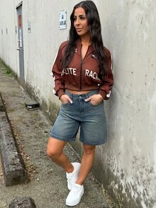SAYEHFBABY 女士休闲街头风拉链短外套，冬季女装 - 棕色 - 查看 1