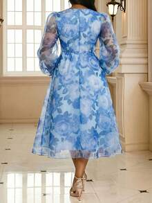 Fleurora Plus Size Women's Floral Print Round Neck Lantern Sleeve Elegant Dress - Blue - View 2