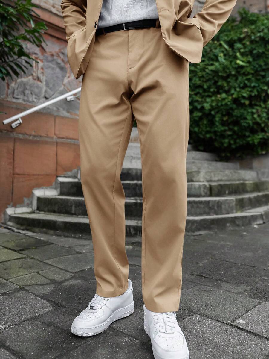 Artur Kramer Setelan Jas Pria Bisnis Warna Polos Sederhana untuk Sehari-hari, 2 Potong/Set Blazer Kancing Tunggal & Celana Jas Formal - Khaki - View 1
