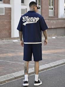 Devon Thys Manfinity Streetrush 2pcs Men's Star Print Short Sleeve Zipper Front Shirt & Shorts Outfit - Royal Blue - View 6