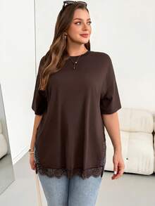Shapeblank Plus-Size Women's Spring/Summer Fashionable Casual Elegant Loose Comfortable Everyday Holiday Basic Versatile Slimming Lace Trim Brown T-Shirt - Brown - View 4