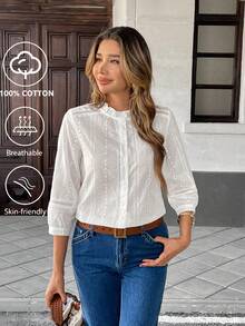 SHEIN PariChic 法式浪漫優雅純棉鏤空刺繡鈕扣女款襯衫 教師節 辦公室 早午餐 白色 秋季 - 白色 - 查看 4