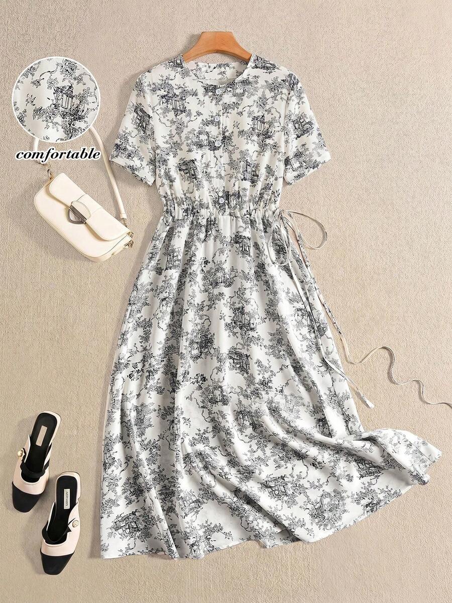 Rusticease Women's Floral Print Round Neck Single-Breasted Waist Gathered Drawstring Short Sleeve Dress White And Black Summer Elegant Dinner Party - Black and White - View 1