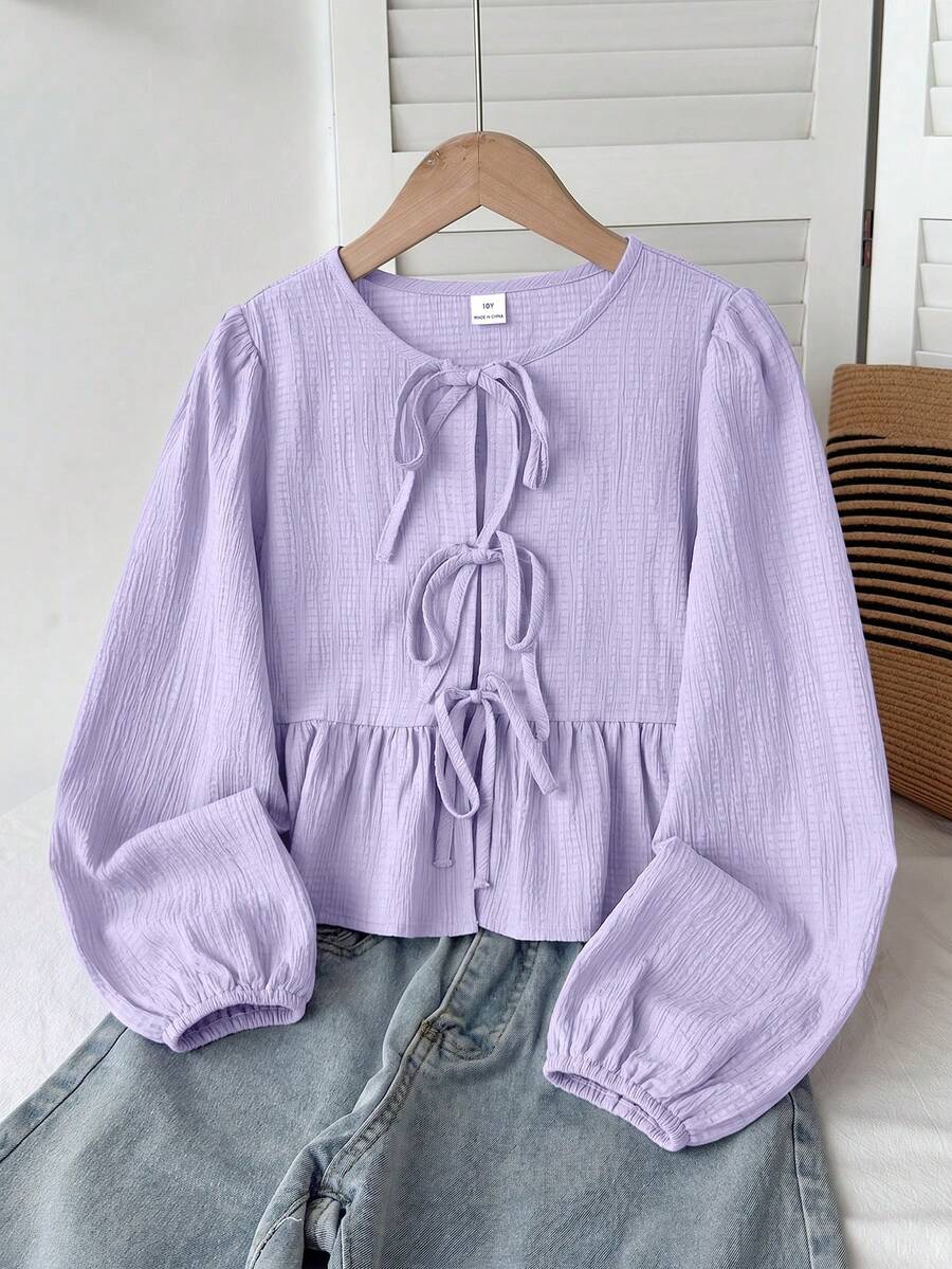 SHEIN 少女休闲简约舒适圆领长袖蝴蝶结纹理面料衬衫,返校季 - 紫色 - 查看 1