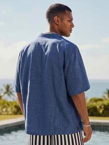 HIMLAND Men's Blue Short-Sleeve Button-Up, Relaxed Fit. Lightweight Breathable Fabric With Embroidered Detail. Ideal For Beach Vacations & Summer Casual Style - Dark Wash - View 2