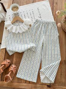 SHEIN LMoss Kids 少女編織花卉荷葉邊上衣與寬鬆長褲 2件套 - 彩色 - 查看 3