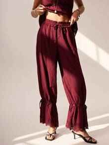Willow Rêve Elegant Burgundy Lace Trim Drawstring Pants Vacation Holiday Summer Boho Style - Burgundy - View 7