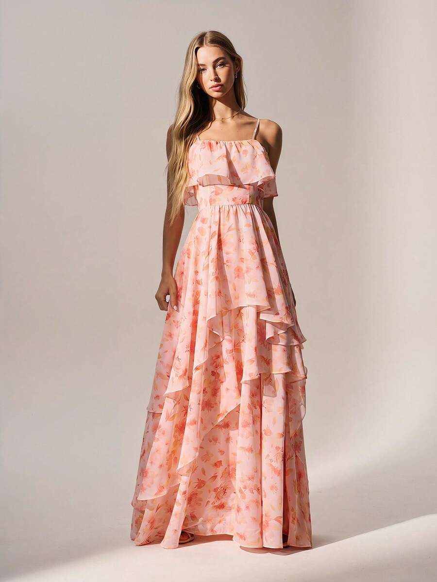 Willow Rêve Women's Pink Bohemian Dreamy Ruffle Layered Dress, Boho Style, Vacation Style - Multicolor - View 1