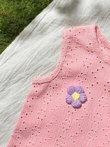 SHEIN Vintaside Kids 女嬰夏季紅色草莓拼接套裝，圓領無袖上衣配同款短褲，甜美風格，輕盈貼身，適合戶外玩耍、居家舒適、朋友聚會 - 粉色 - 查看 6