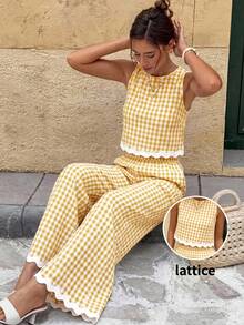 Serisse Women's Vacation Casual Plaid Tank Top And Long Pants 2 Pieces Set - Yellow - View 9