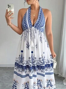 SHEIN Clasi Women's Plus Size Spring/Summer Elegant Boho Vintage Print Deep Shirred Halter Tie-Up Ruched Dress Beach Vacation Blue And White - Multicolor - View 3