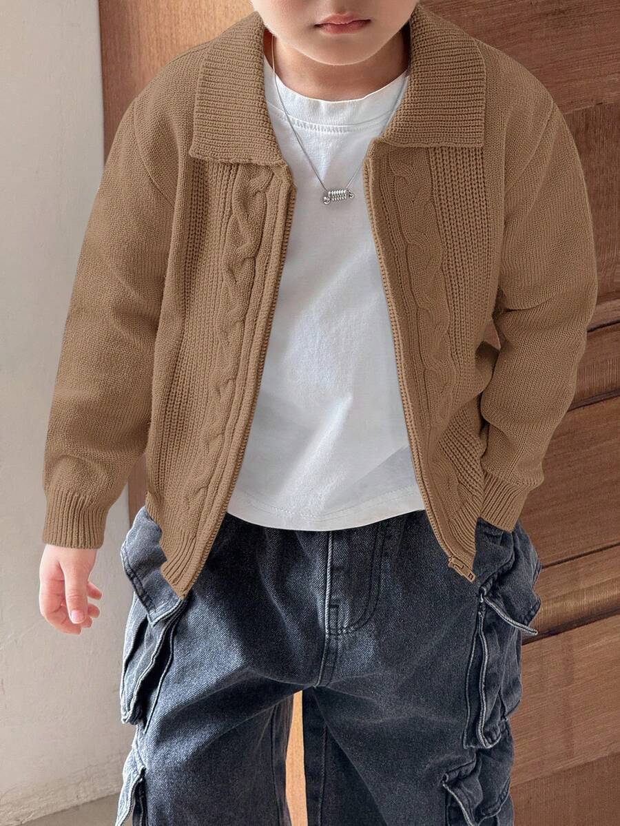 SHEIN 小男孩休閒麻花編織前開襟拉鍊開襟衫 - 棕色 - 查看 1