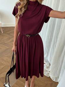 SHEIN LUNE Lässiges Damenkleid mit Stehkragen und niedriger Taille - Bordeaux - Übersicht 5