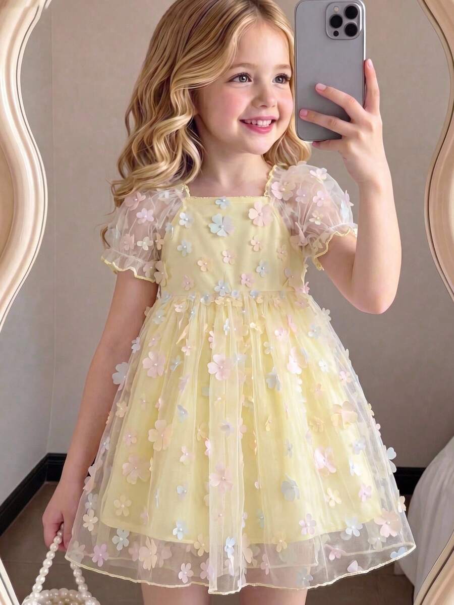 SHEIN Glamorique Kids 1件女童甜美薄纱裙连衣裙，黄色花瓣袖公主风碎花网纱连衣裙，适合派对装扮和夏季穿着