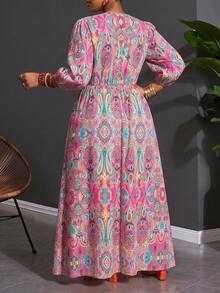 SHEIN CURVE+ 大尺碼佩斯利印花V領寬鬆燈籠袖洋裝 - 彩色 - 查看 3