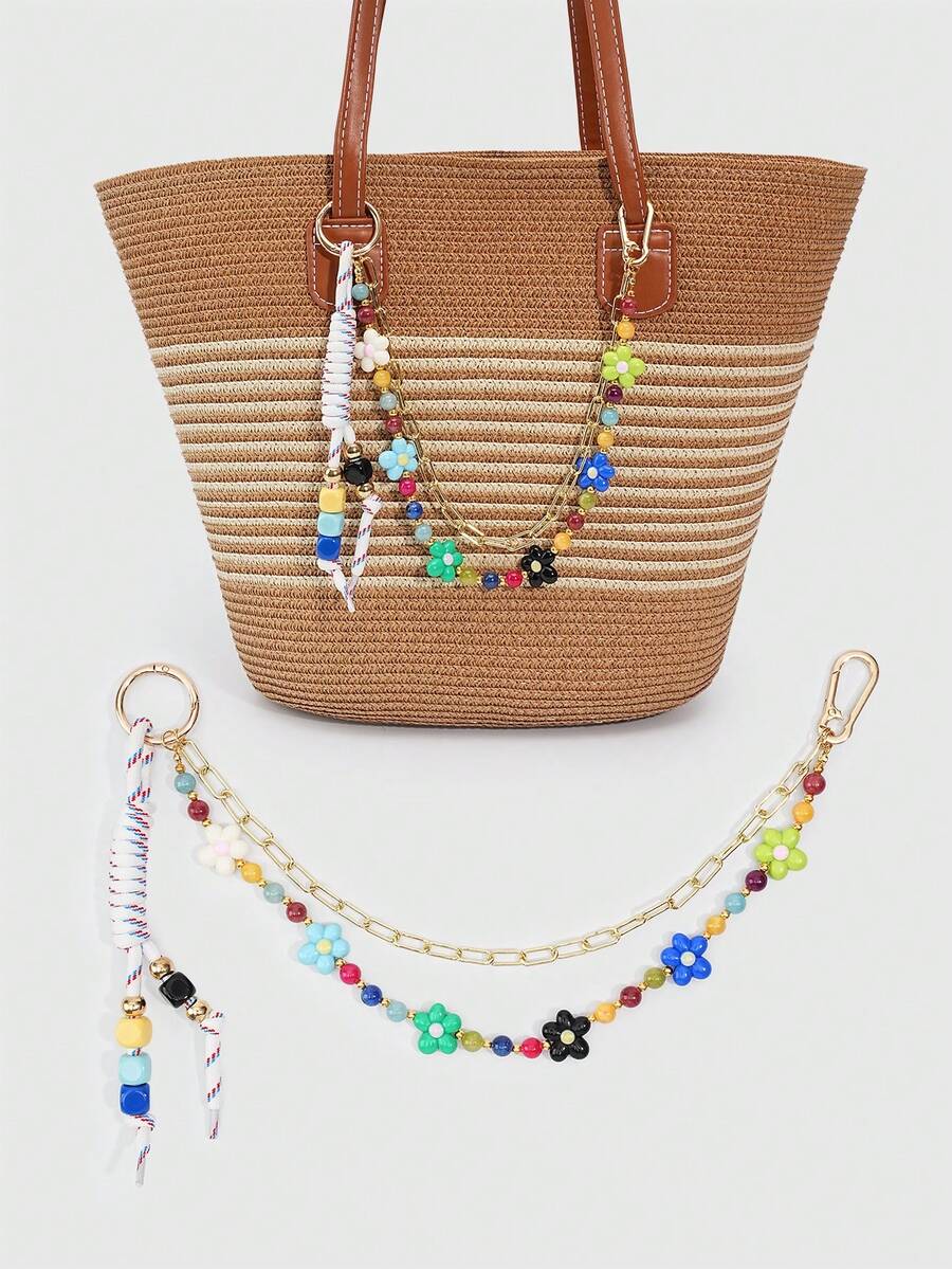 ROMWE Kawaii 1 Piece Spring Summer Dopamine Style Colorful Beaded Bag Keychain Pendant, Woven Rope Bag Charm, DIY Hanging Ornament - Color 7 - View 1