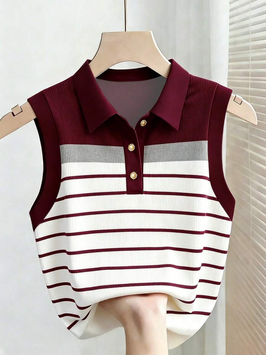 Resyla Plus Size Women's Red Striped Colorblock Digital Print Ribbed Casual Everyday Knit Polo Collar Sleeveless Tank Top - Multicolor - View 1