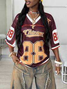 SHEIN CURVE+ Damen Sommer Große Größen V-Ausschnitt American Football Trikot T-Shirt mit Buchstaben Aufdruck, Paar im gleichen Stil - Verschiedenfarbig - Übersicht 7