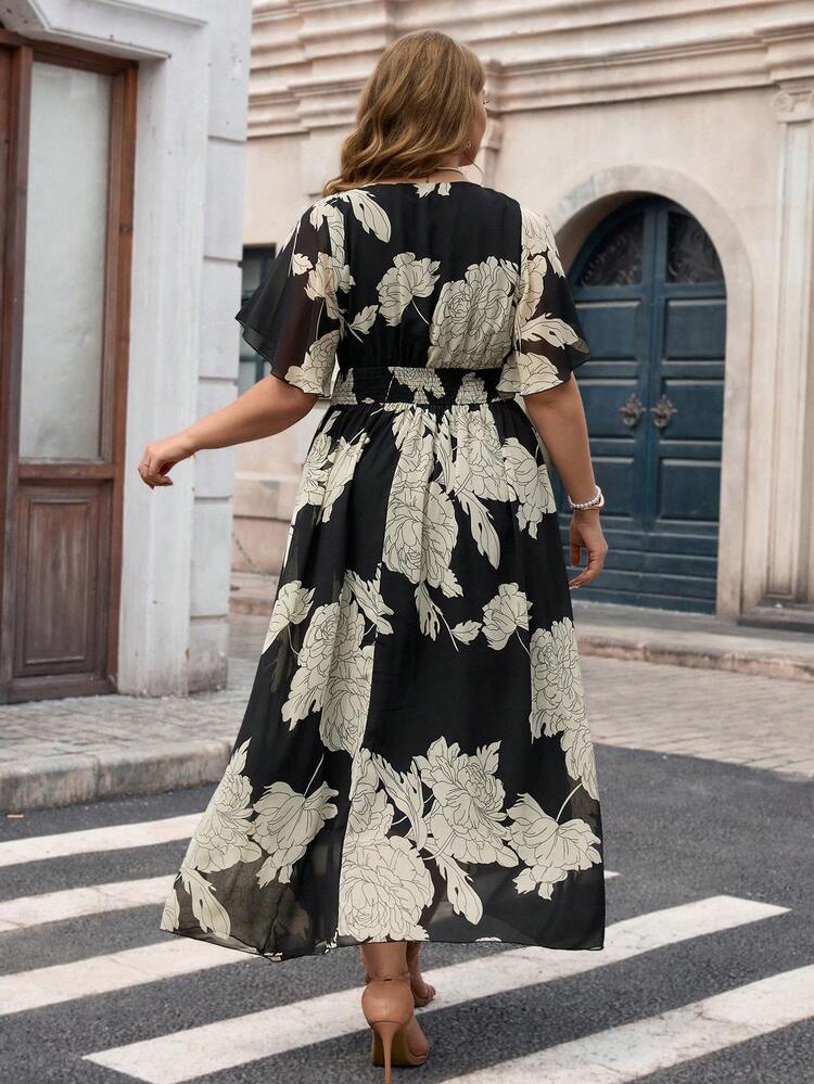 Plus Size Women's V-Neck Floral Print Casual Party Dress
