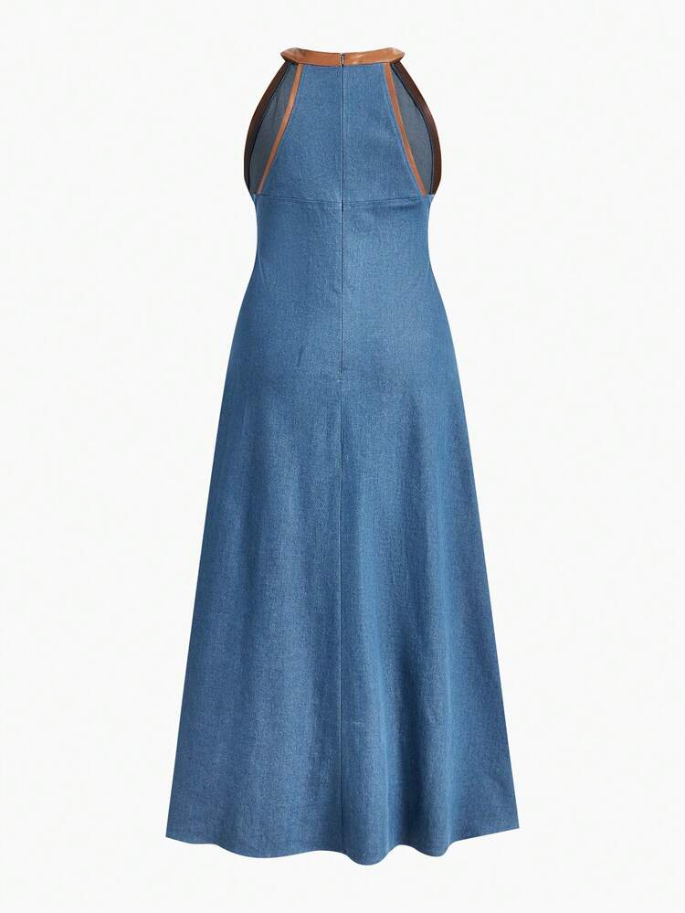 SPRING/SUMMER WOMEN'S HALTER NECK CONTRAST PIPING DENIM DRESS