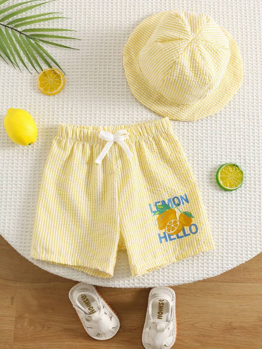 SHEIN Unisex Baby Boy Baby Girl Baby Boy 2pcs Embroidered Cute Vacation Style Yellow Striped Beach Pants And Sun Hat Set, Baby Swimsuit, Beach Wear, Suitable For Beach Vacation And Swimming - Yellow - View 1