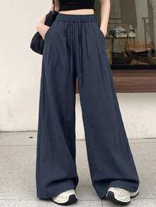 DAZY Loose Straight Leg Elastic Waist Casual Long Basic Trousers For Teen Girls Fall - Navy Blue - View 8