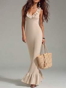 SHEIN Holidaya Nuevo Vestido Midi de Punto Acanalado Beige para Mujer 2026 - Sin Mangas, Cuello en V con Volantes, Bajo de Sirena, Silueta Ajustada, Combinando sin Esfuerzo el Encanto Romántico Suave con el Estilo Femenino Dulce, Ideal para Citas de Brunch, Eventos Nocturnos y Ocasiones de Primavera Verano - Rosa vieja - Ver 5