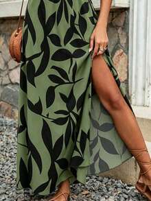 EMERY ROSE Plus Size Olive Green Tropical Leaf Print Elastic High Waist Side High Slit Flowy A-Line Maxi Skirt Women Summer Beach Vacation Long Casual - Multicolor - View 4