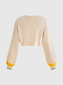 ROMWE Women's Lamb Rabbit Plant Embroidery Contrast Color Fairycore Mori Style Cardigan Cute Fashion - Beige - View 2