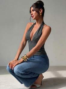 Firerie Women's Striped Fashion Sexy Halter Neck T-Shirt For Concert And Date - Dark Grey - View 7