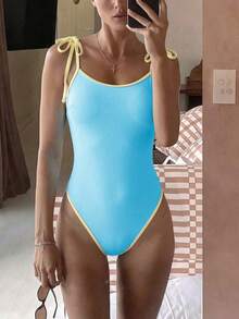 Swim Mod Spring/Summer Women's Beachwear, Fashionable Cute Sexy Vacation Seaside Swimming Pool Party Colorblock Solid Color Bow Trim One-Piece - Multicolor - View 3