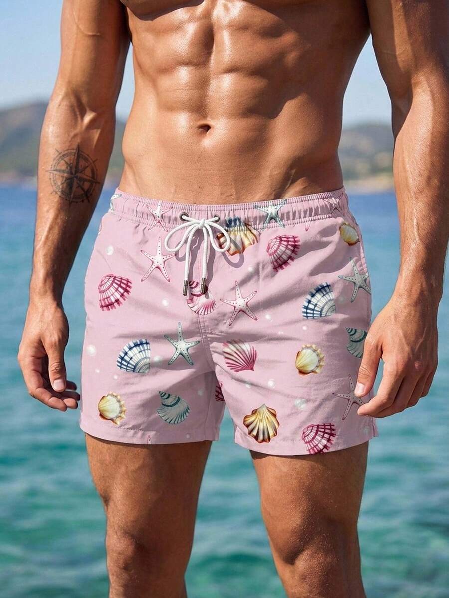 Manfinity Swimmode 男士貝殼印花休閒沙灘短褲,度假款 - 珊瑚粉 - 查看 1