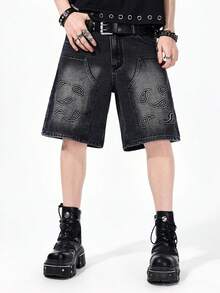ROMWE MEN Street Life Men's Paisley Print Contrast Color Slant Pocket Casual Denim Shorts - Black - View 6