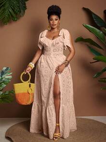 Maweii Plus Size Elegant Vacation Style Woven Embroidered Fabric Patchwork Ruffle Square Neck Tie Strap Full Skirt Dress - Sugar Pink - View 5