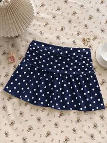 Teen Girls White Knit Casual Home Versatile Hollow Texture Ruched A-Line Low-Waist Mini Skirt, Suitable For Summer - Navy Blue - View 4